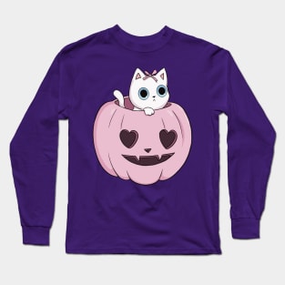 pink pumpkin white cat heart halloween coquette dollette Long Sleeve T-Shirt